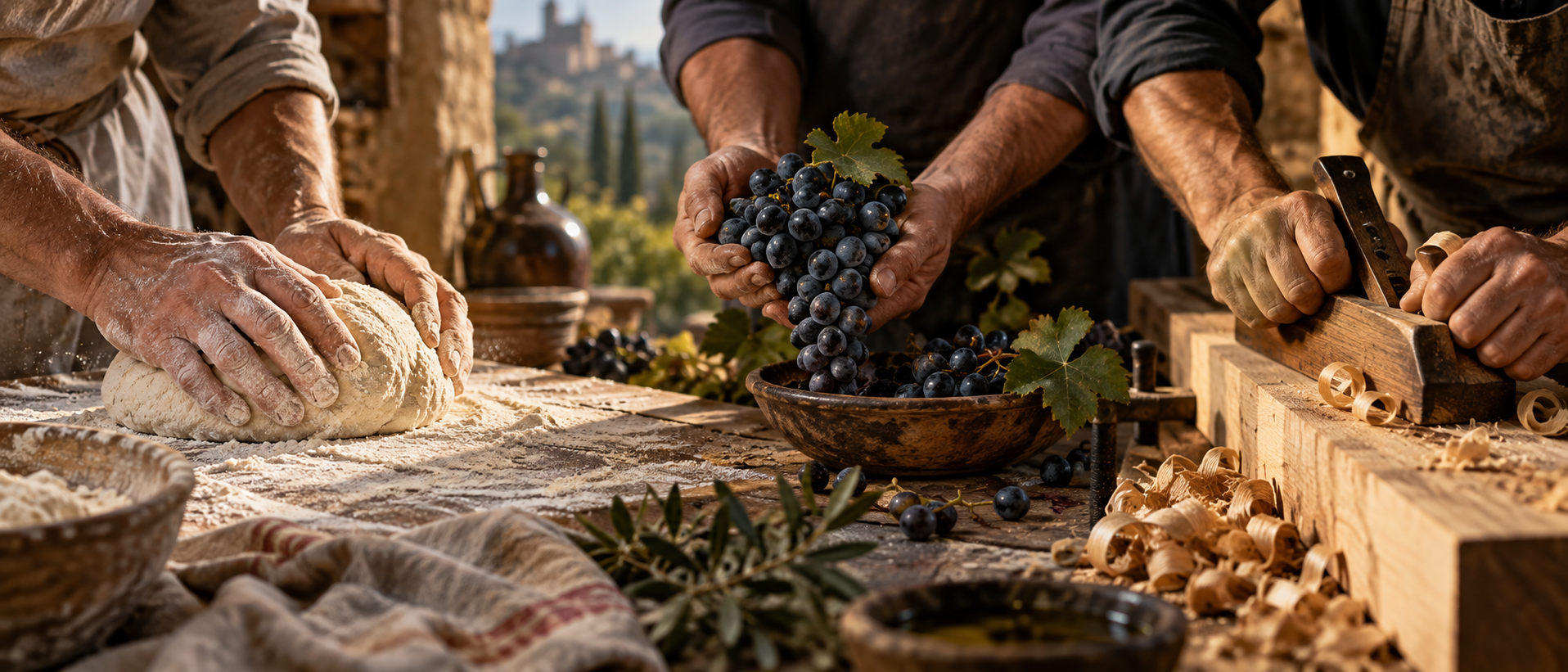 Mains d'artisans travaillant le pain, le raisin et le bois